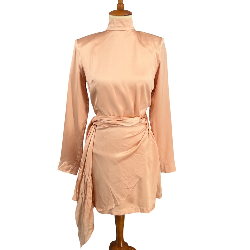 Amanda Uprichard Mini Dress Size Small Peach Satin Open Back Long Sleeve